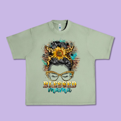 Blessed Mama Messy Bun Urban Heavy Tee Designed By Barkaloodesign