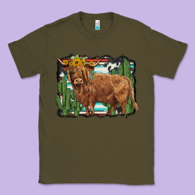 Western Cactus Highland Cow Classic Tee Designed By Barkaloodesign