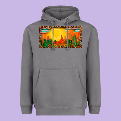 Western  Sunset Cactus Leopard Serape   License Plate Template Heavyweight Hoodie Designed By Barkaloodesign