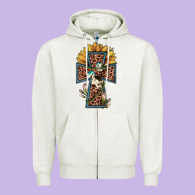 Leopard Cross  Sunflower Zipper Hoodie Designed By Jahusdesignshop