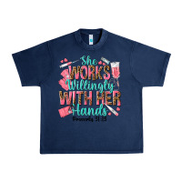 Navy she works willingly with her hands Urban Heavy Tee - texasbilliewilder
