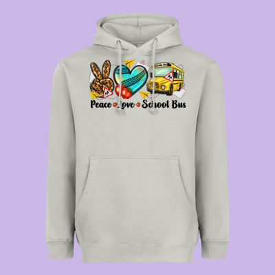 Peace Love School Bus Heavyweight Hoodie Designed By Nancycooperartshop