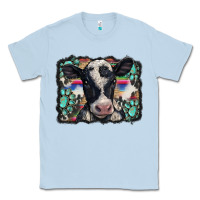 Dusty Blue western background turquoises gemstones black and white baby cow Classic Tee - BarkalooDesign