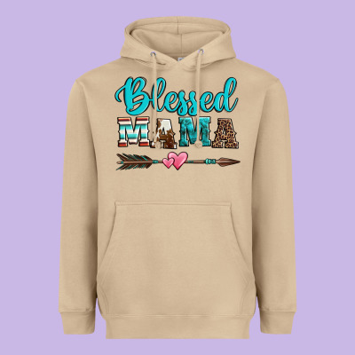 Blessed Mama Serape Cowhide Turquoise Heavyweight Hoodie Designed By Jasminsmagicworld