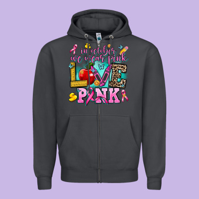 In October We Wear Pink Love Pink Zipper Hoodie Designed By Adodesignshop