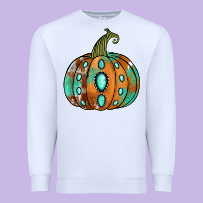 Western Cowhide Turquoise Pumpkin Premium Sweatshirt Designed By Jasminsmagicworld