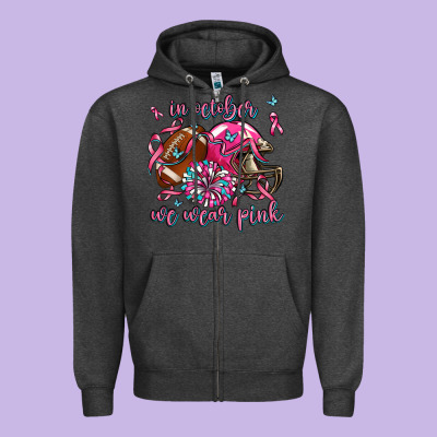 In October We Wear Pink Football Zipper Hoodie Designed By Adodesignshop