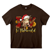 Chocolate Brown joy to the world christmas cow Heavy Core Tee - LillyAllenDesigns