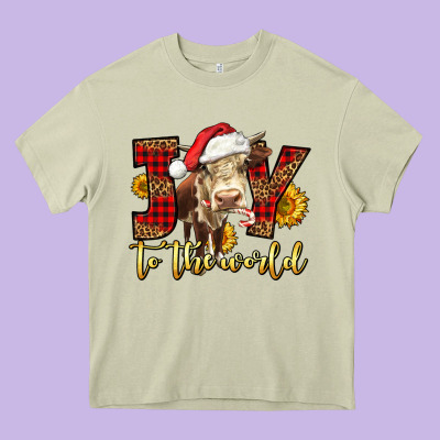 Joy To The World Christmas Cow Heavy Core Tee Designed By Lillyallendesigns