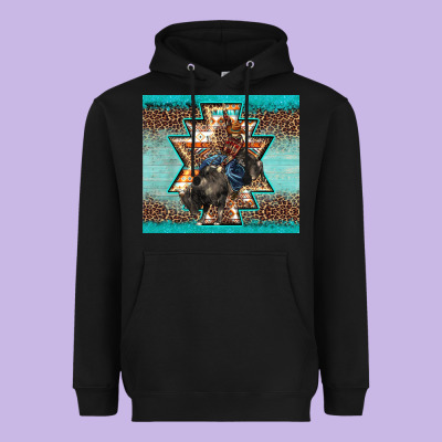Western Rodeo Bullfighter Aztec Leopard Turquoise Heavyweight Hoodie Designed By Barkaloodesign