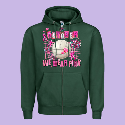 In October We Wear Pink Volleyball Zipper Hoodie Designed By Adodesignshop