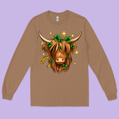 St. Patrick's Day Highland Cow Long Sleeve Tee Designed By Neo Western