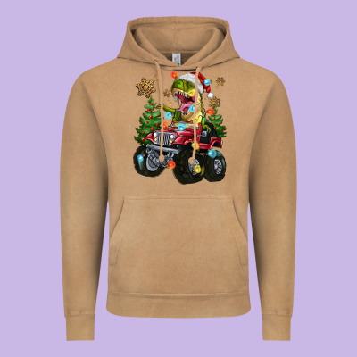 Vintage Hoodie Christmas T-rex With Monster Truck