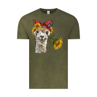 Vintage Olive alpaca with sunflowers and bandana Vintage Tee - BarkalooDesign