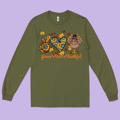 Peace Love Thankful Long Sleeve Tee Designed By Cowhidedigitalart