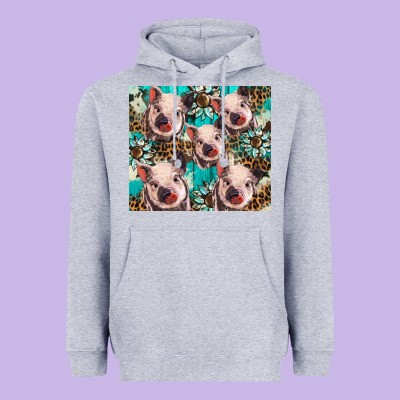 Western Cowhide Sunflower Baby Pig Heavyweight Hoodie Designed By Barkaloodesign