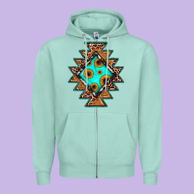 Aztec Leopard Turquoise Sunflower Zipper Hoodie Designed By Jahusdesignshop