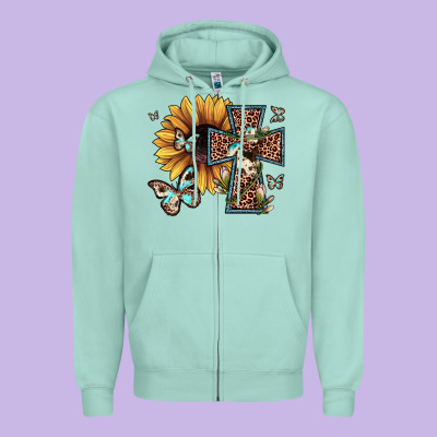 Leopard Cross Sunflower Butterfly Zipper Hoodie Designed By Jahusdesignshop