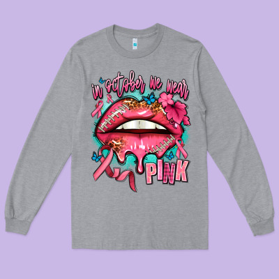 In October We Wear Pink  Lips Long Sleeve Tee Designed By Adodesignshop