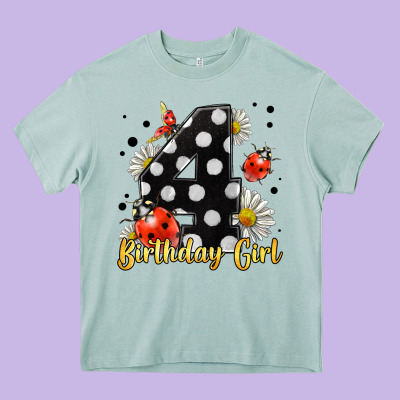 Ladybug Birthday Girl Age 4 Heavy Core Tee Designed By Lillyallendesigns