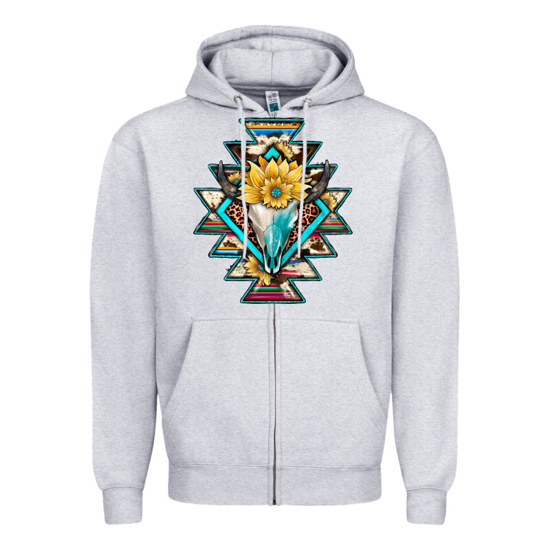 Cowhide Leopard Bull Skull Aztec Zipper Hoodie by JahusDesignShop | Teevron