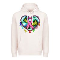 Pale Pink heart earth and cancer ribbon Premium Hoodie - AdoDesignShop