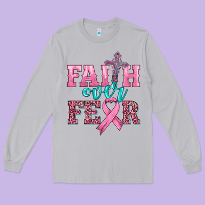 Faith Over Fear With Cross And Ribbon Long Sleeve Tee Designed By Hra Design Shop