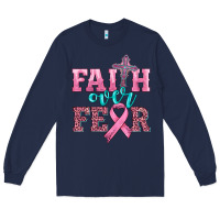 Navy faith over fear with cross and ribbon Long Sleeve Tee - HRA Design Shop