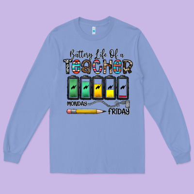 Battery Life Of A Teacher Monday Friday Long Sleeve Tee Designed By Cowhidedigitalart