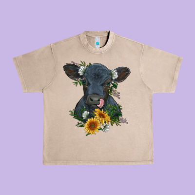 Baby Cow Black Angus Calf With Flowers Urban Heavy Tee Designed By Ranaportraitstore