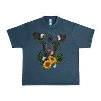 Midnight Navy baby cow black angus calf with flowers Urban Heavy Tee - RanaPortraitStore