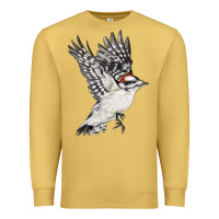 Antique Gold Flying Downy Woodpecker Premium Sweatshirt - LillyAllenDesigns