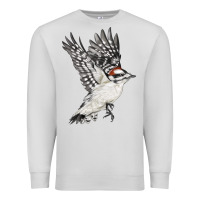 Dove Grey Flying Downy Woodpecker Premium Sweatshirt - LillyAllenDesigns