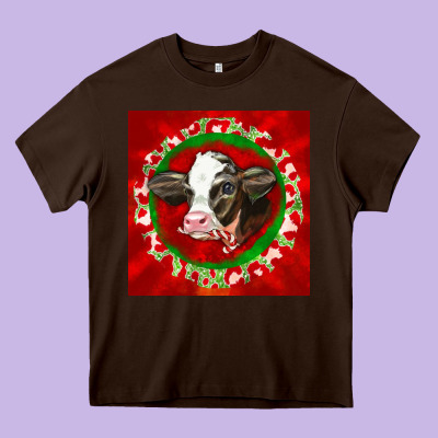 Christmas Holstein Calf Face Heavy Core Tee Designed By Lillyallendesigns