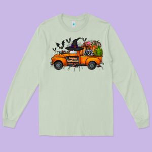 Happy Halloween Truck Long Sleeve Tee Designed By Cowhidedigitalart