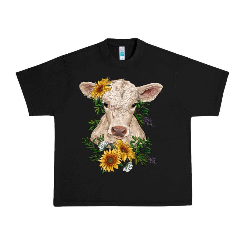 Charolais Calf With Sunflowers Urban Heavy Tee by RanaPortraitStore | Teevron