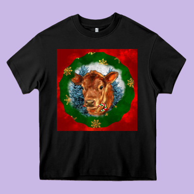 Christmas Red Angus Calf Head Heavy Core Tee Designed By Lillyallendesigns