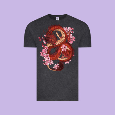 Vintage Tee red dragon and sakura cherry blossoms
