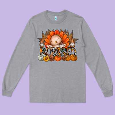 Thanksgiving Turkey Pumpkin Blessed Long Sleeve Tee Designed By Cowhidedigitalart