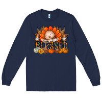 Navy Thanksgiving Turkey Pumpkin Blessed Long Sleeve Tee - CowhideDigitalArt