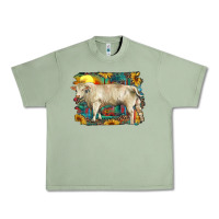 Oil Green western charolais bull and aztec sunflower background Urban Heavy Tee - RanaPortraitStore