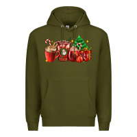 Army Green Christmas coffee cups with gift and Christmas tree Premium Hoodie - AdoDesignShop