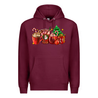 Burgundy Christmas coffee cups with gift and Christmas tree Premium Hoodie - AdoDesignShop