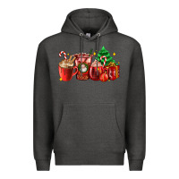 Charcoal Heather Christmas coffee cups with gift and Christmas tree Premium Hoodie - AdoDesignShop