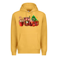 Mustard Christmas coffee cups with gift and Christmas tree Premium Hoodie - AdoDesignShop