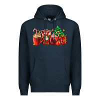Navy Christmas coffee cups with gift and Christmas tree Premium Hoodie - AdoDesignShop