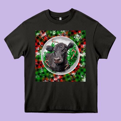 Christmas Black Angus Cow Heavy Core Tee Designed By Lillyallendesigns
