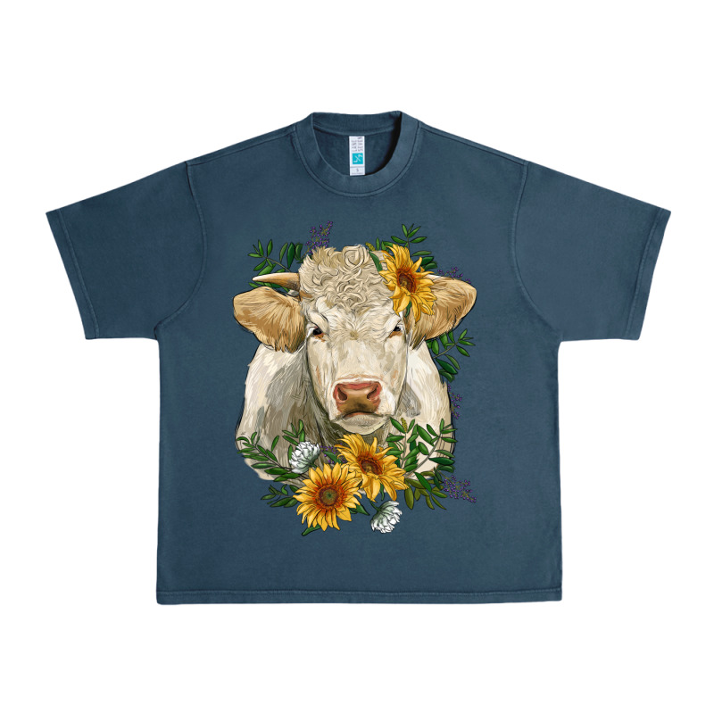 Charolais Cattle With Sunflowers Urban Heavy Tee by RanaPortraitStore | Teevron