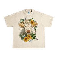 Sandshell charolais cattle with sunflowers Urban Heavy Tee - RanaPortraitStore