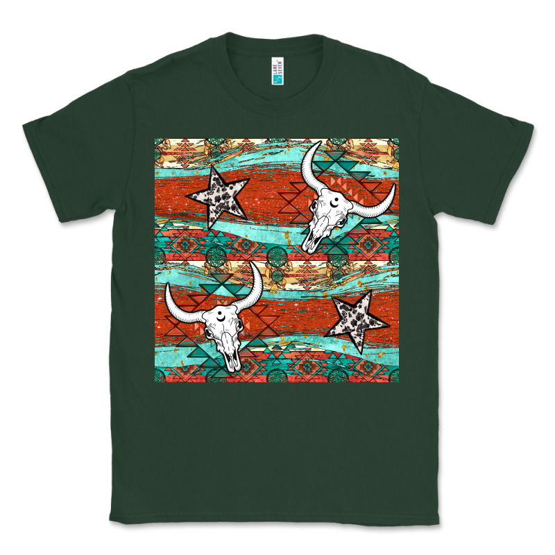 Western Aztec Bull Skull Stars Seamless Pattern Classic Tee by BundleAndBundleShop | Teevron